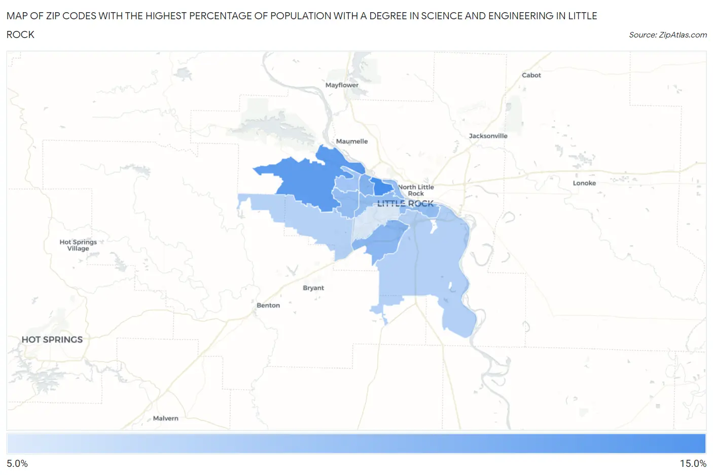 Zip Codes with the Highest Percentage of Population with a Degree in Science and Engineering in Little Rock Map