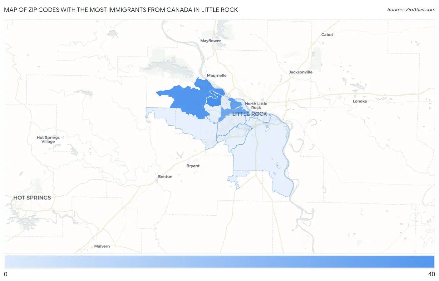 Zip Codes with the Most Immigrants from Canada in Little Rock Map