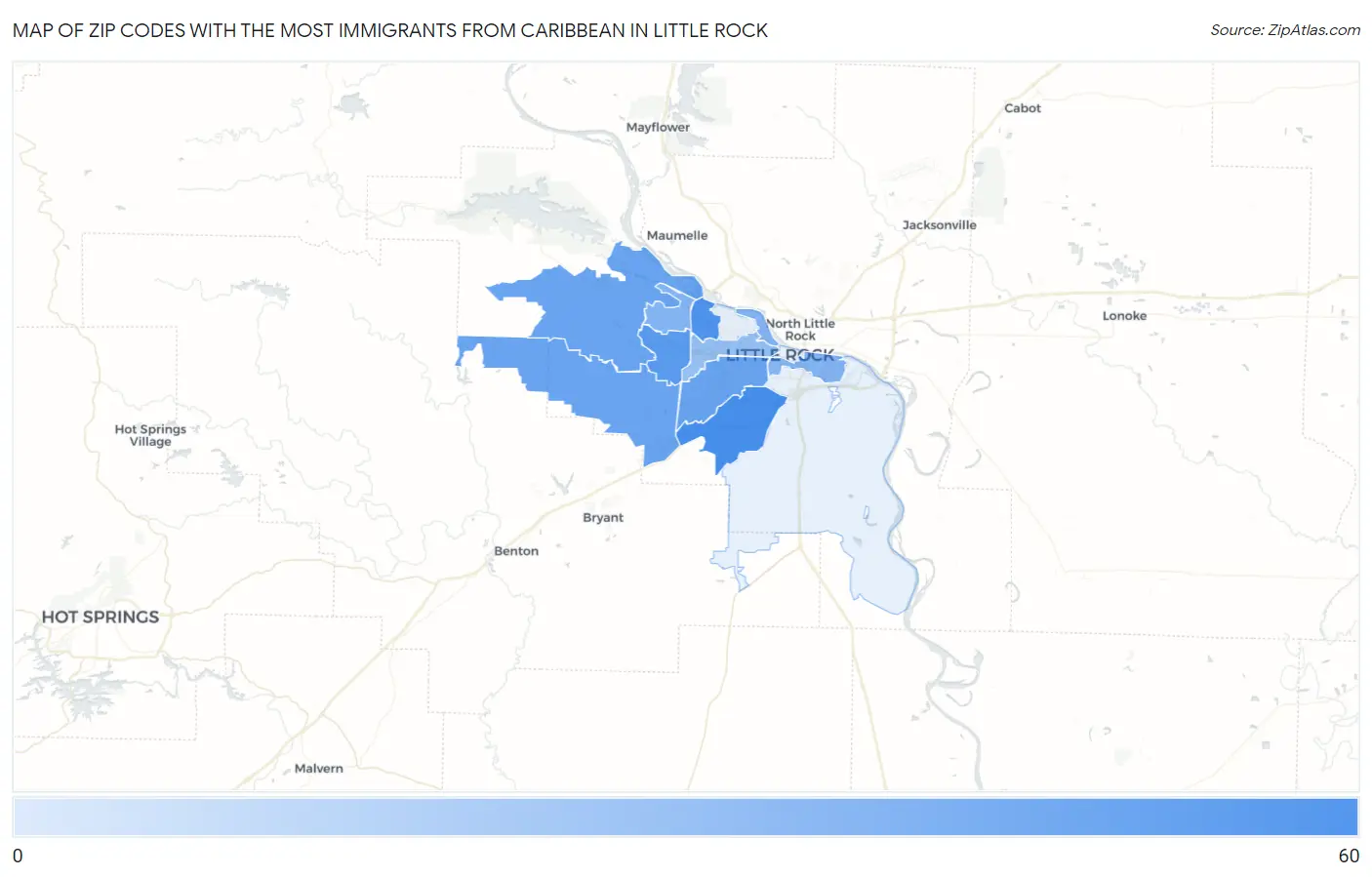 Zip Codes with the Most Immigrants from Caribbean in Little Rock Map