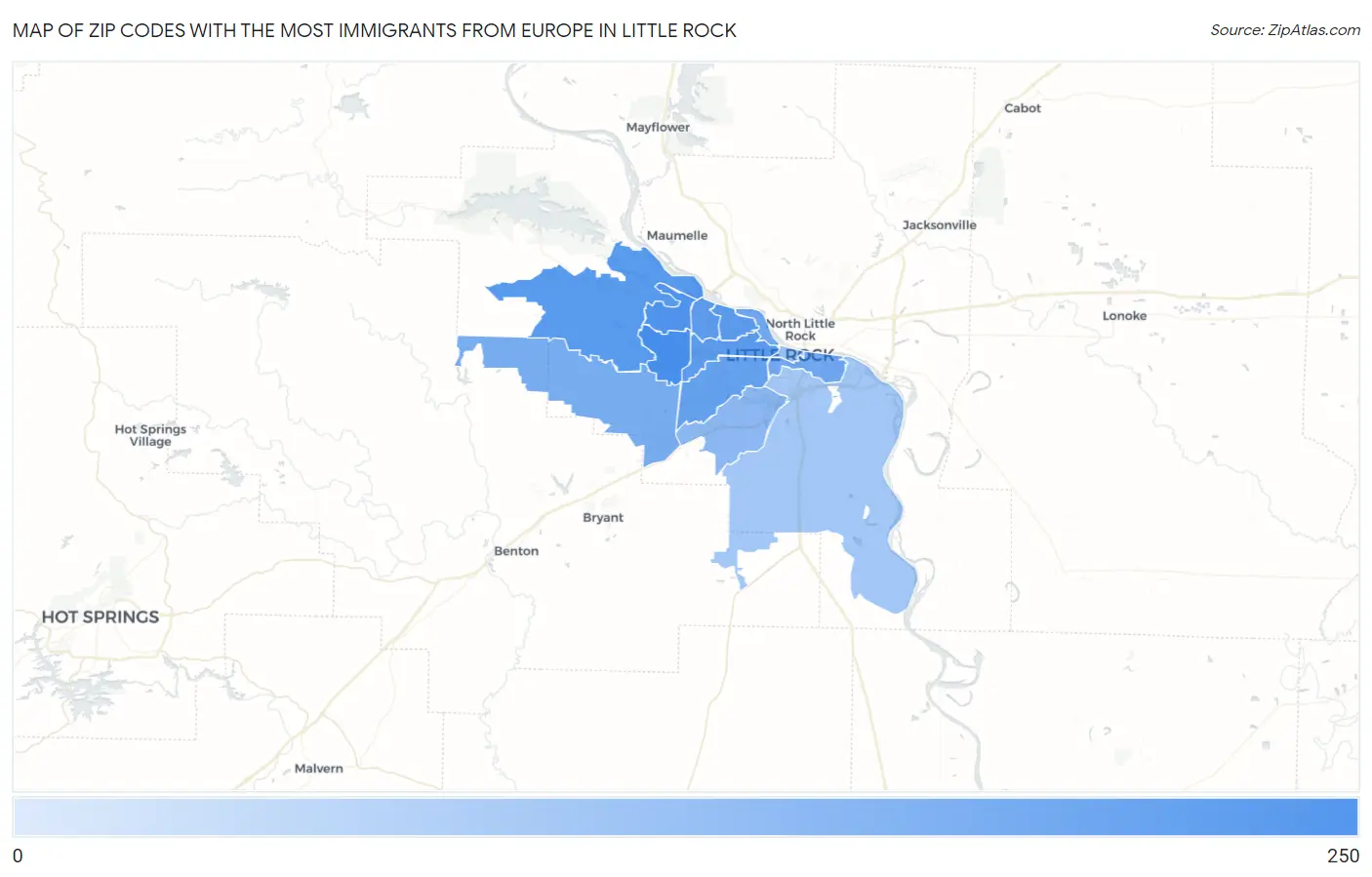 Zip Codes with the Most Immigrants from Europe in Little Rock Map