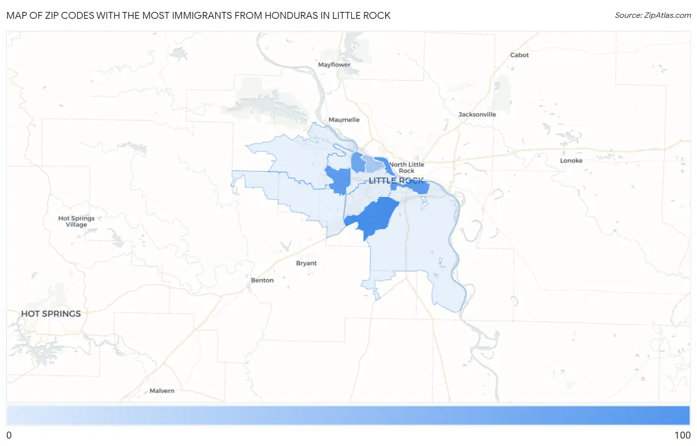 Zip Codes with the Most Immigrants from Honduras in Little Rock Map