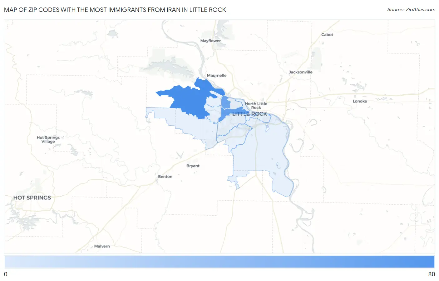 Zip Codes with the Most Immigrants from Iran in Little Rock Map