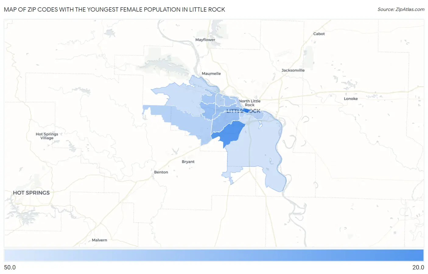 Zip Codes with the Youngest Female Population in Little Rock Map
