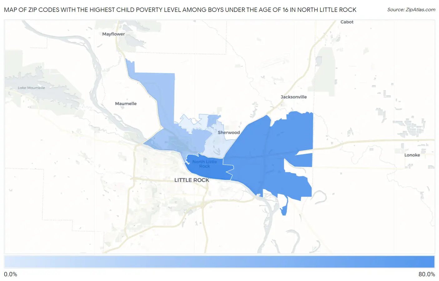 Zip Codes with the Highest Child Poverty Level Among Boys Under the Age of 16 in North Little Rock Map