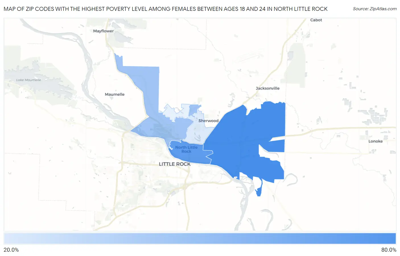 Zip Codes with the Highest Poverty Level Among Females Between Ages 18 and 24 in North Little Rock Map
