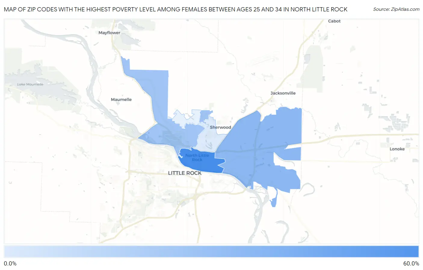 Zip Codes with the Highest Poverty Level Among Females Between Ages 25 and 34 in North Little Rock Map