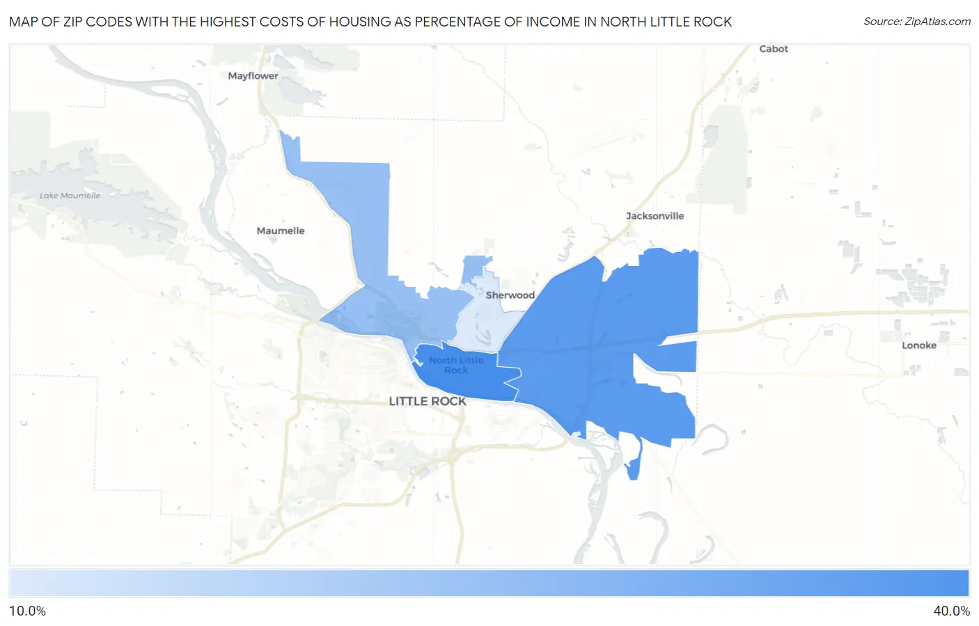 Zip Codes with the Highest Costs of Housing as Percentage of Income in North Little Rock Map