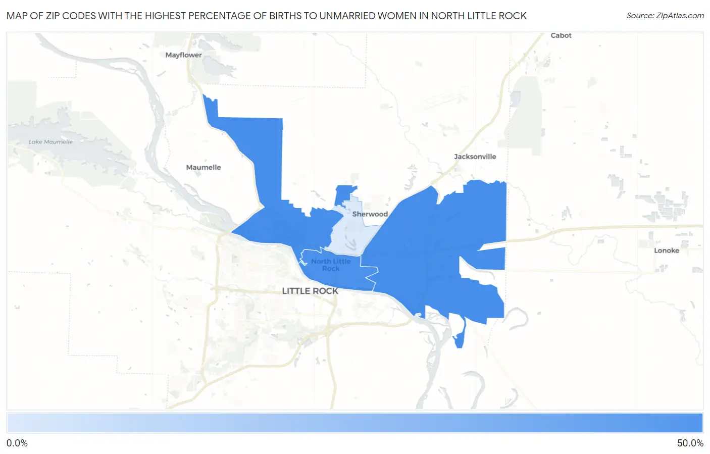 Zip Codes with the Highest Percentage of Births to Unmarried Women in North Little Rock Map