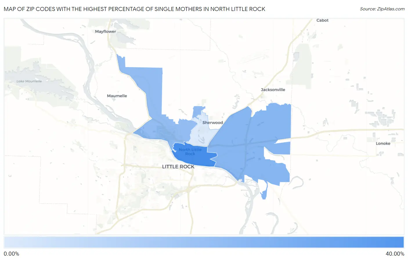 Zip Codes with the Highest Percentage of Single Mothers in North Little Rock Map