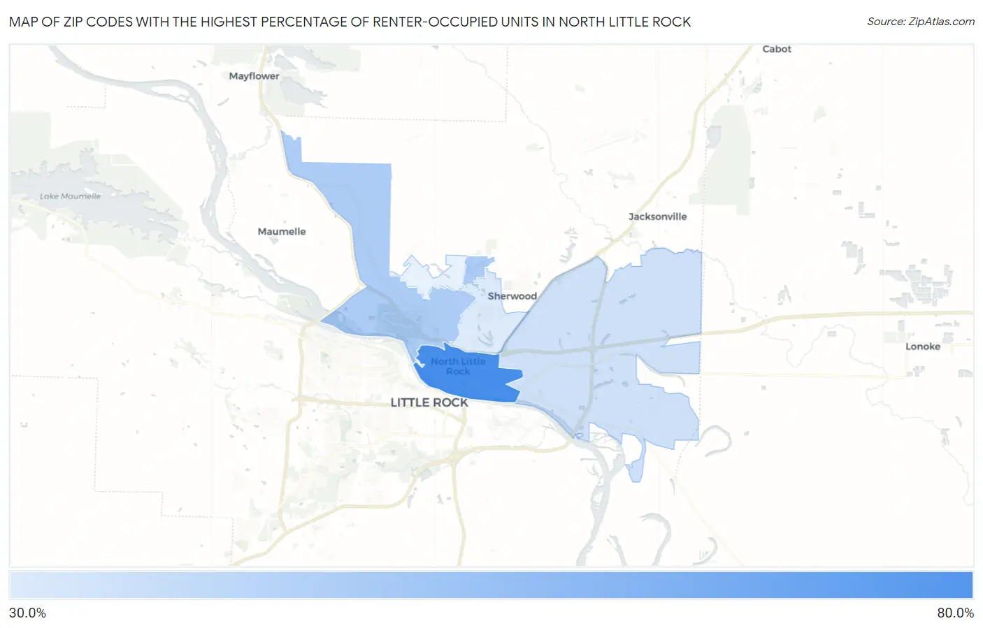 Zip Codes with the Highest Percentage of Renter-Occupied Units in North Little Rock Map