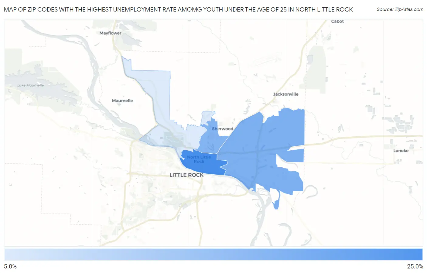 Zip Codes with the Highest Unemployment Rate Amomg Youth Under the Age of 25 in North Little Rock Map