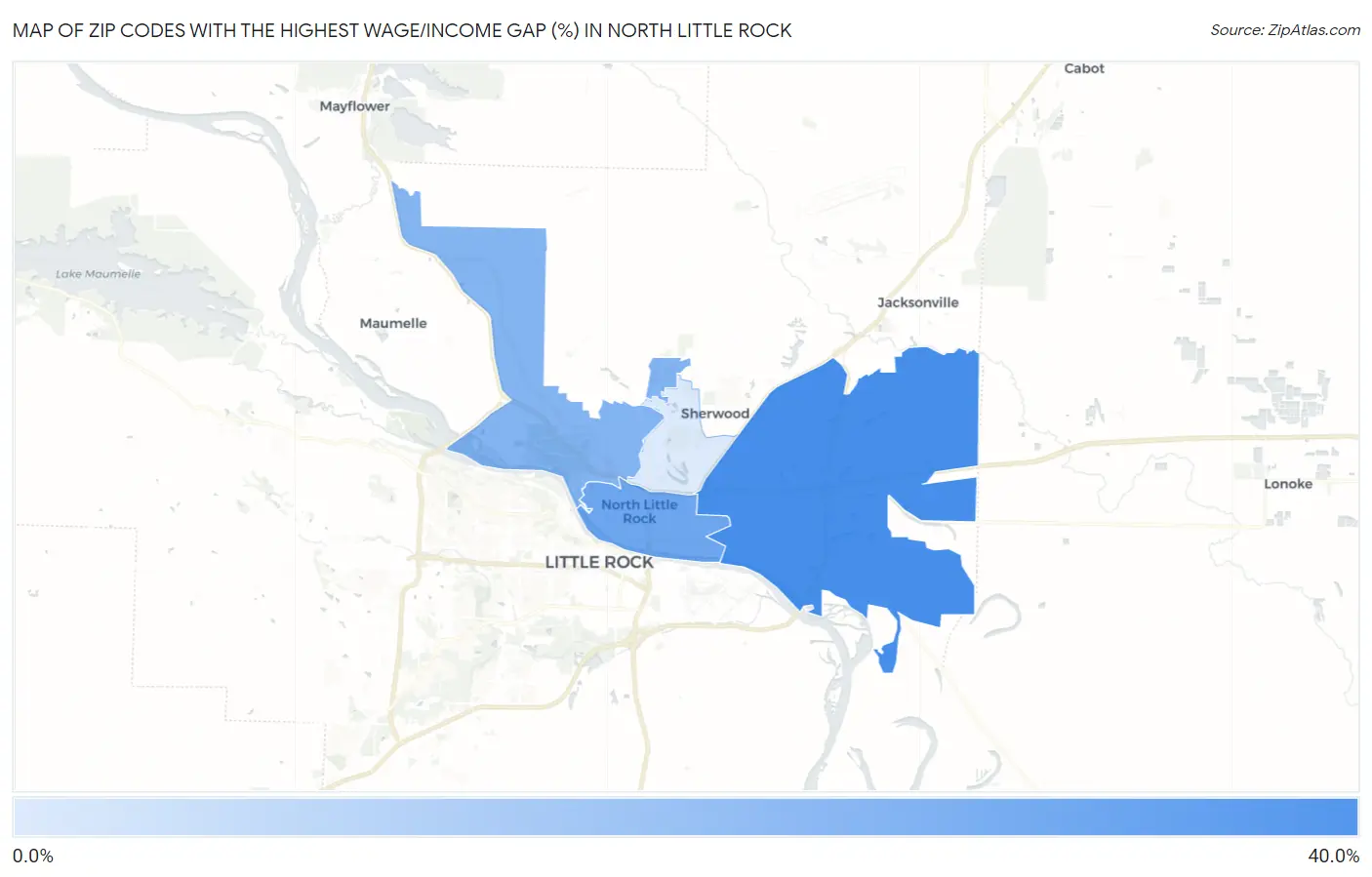 Zip Codes with the Highest Wage/Income Gap (%) in North Little Rock Map