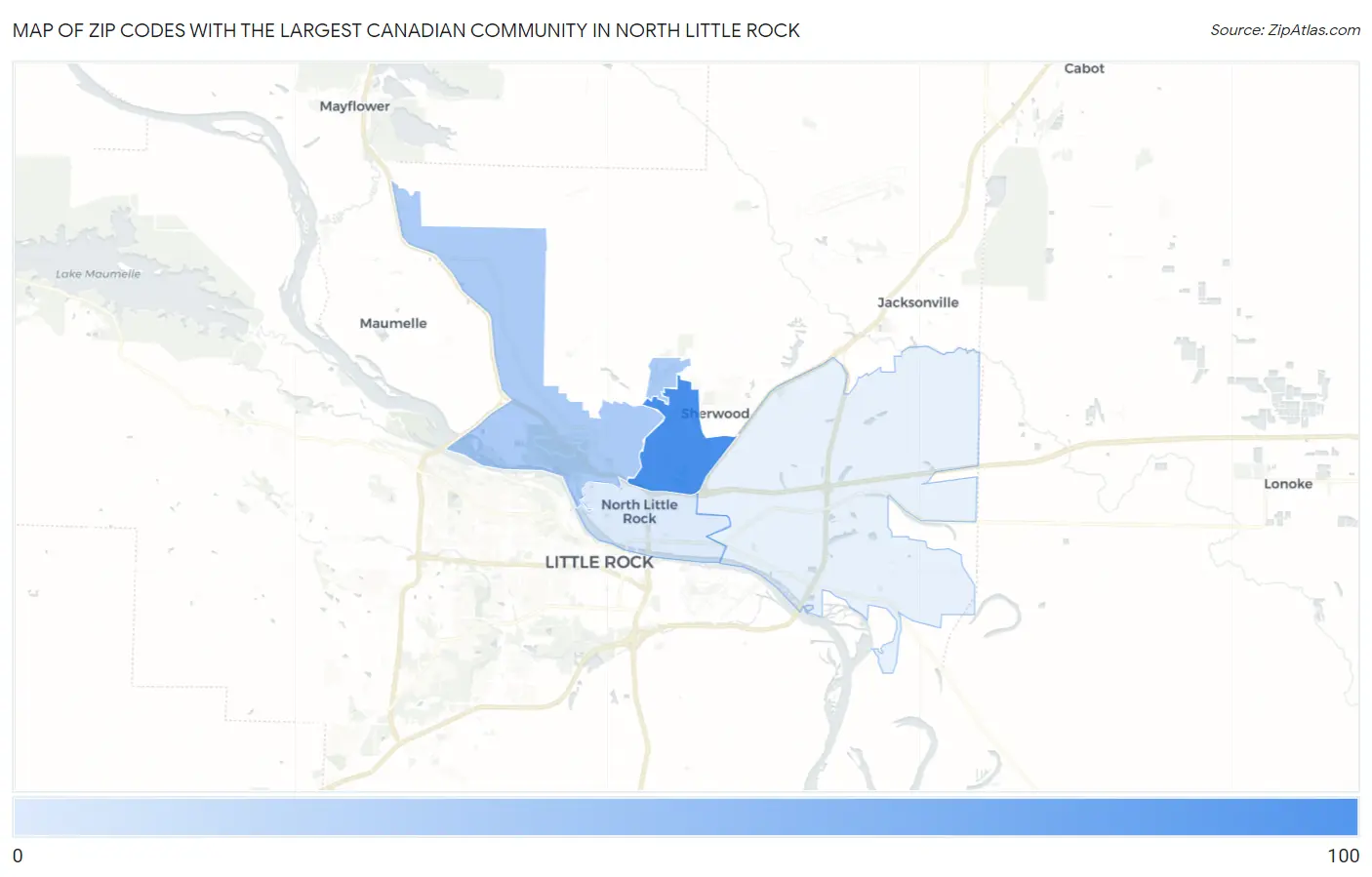 Zip Codes with the Largest Canadian Community in North Little Rock Map