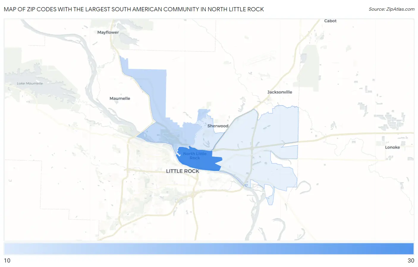 Zip Codes with the Largest South American Community in North Little Rock Map