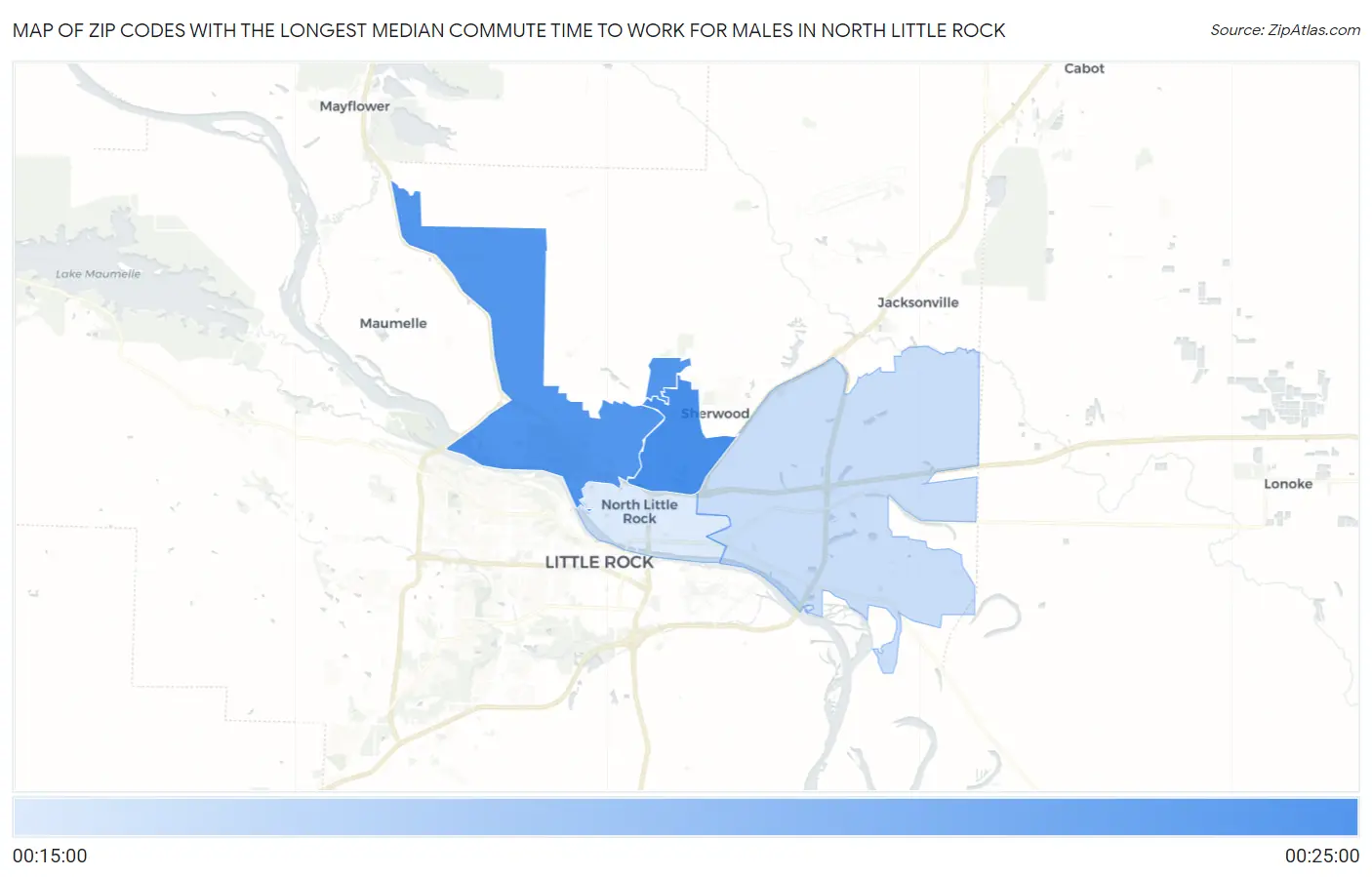 Zip Codes with the Longest Median Commute Time to Work for Males in North Little Rock Map