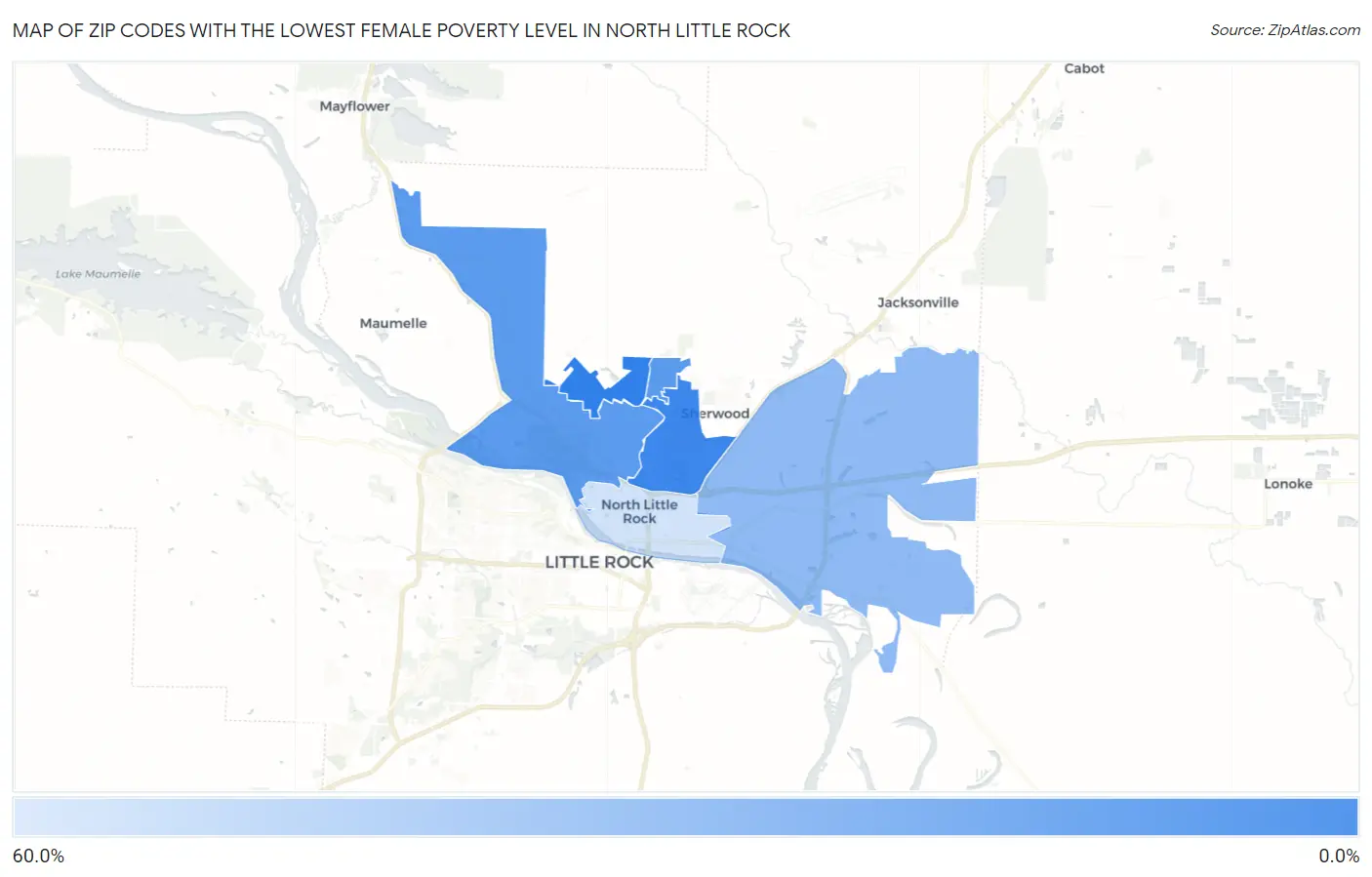 Zip Codes with the Lowest Female Poverty Level in North Little Rock Map