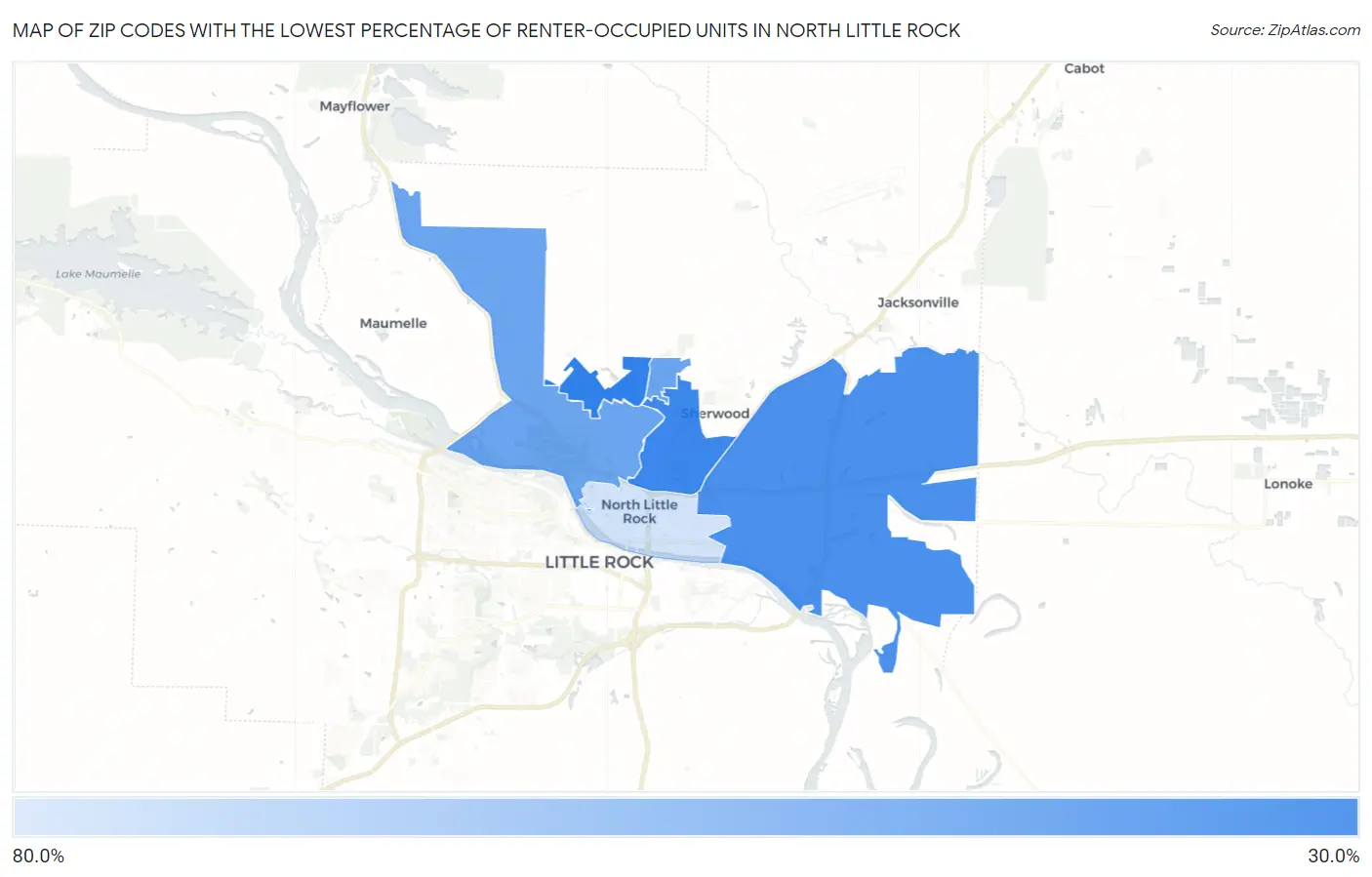 Zip Codes with the Lowest Percentage of Renter-Occupied Units in North Little Rock Map