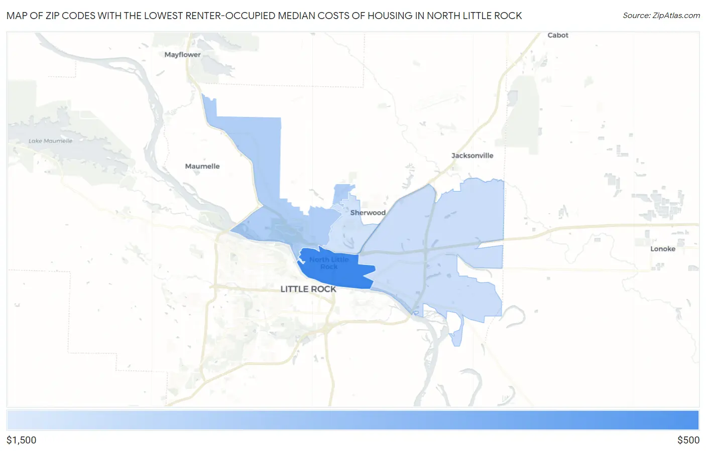 Zip Codes with the Lowest Renter-Occupied Median Costs of Housing in North Little Rock Map