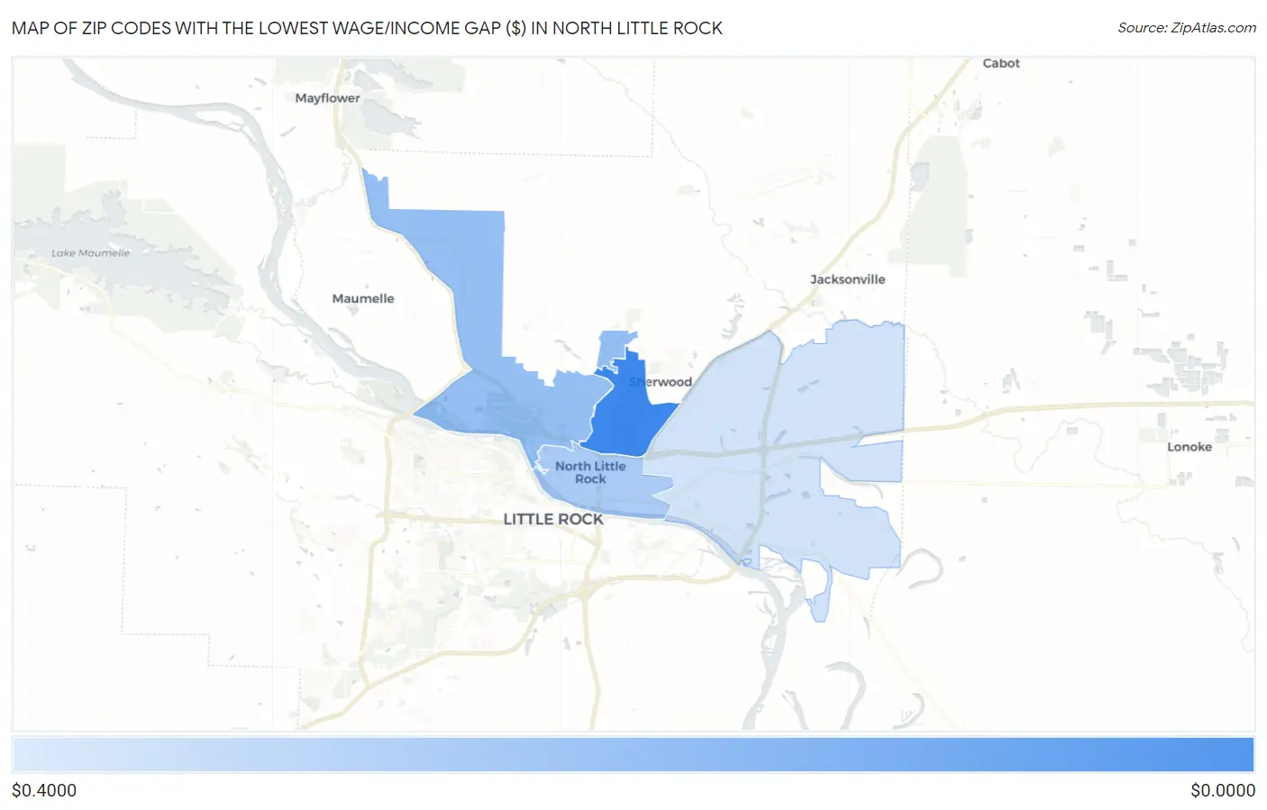 Zip Codes with the Lowest Wage/Income Gap ($) in North Little Rock Map