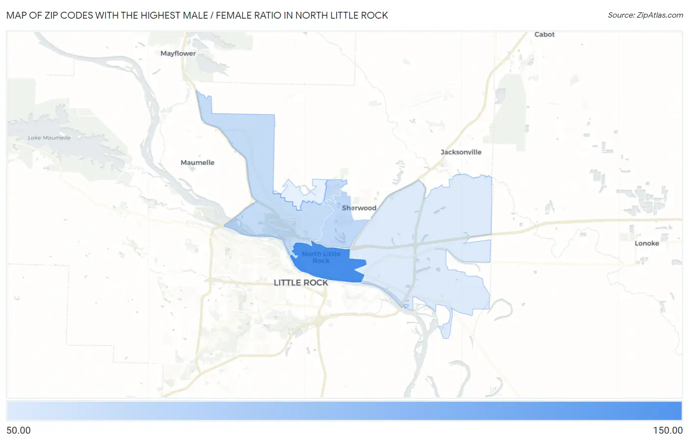Zip Codes with the Highest Male / Female Ratio in North Little Rock Map