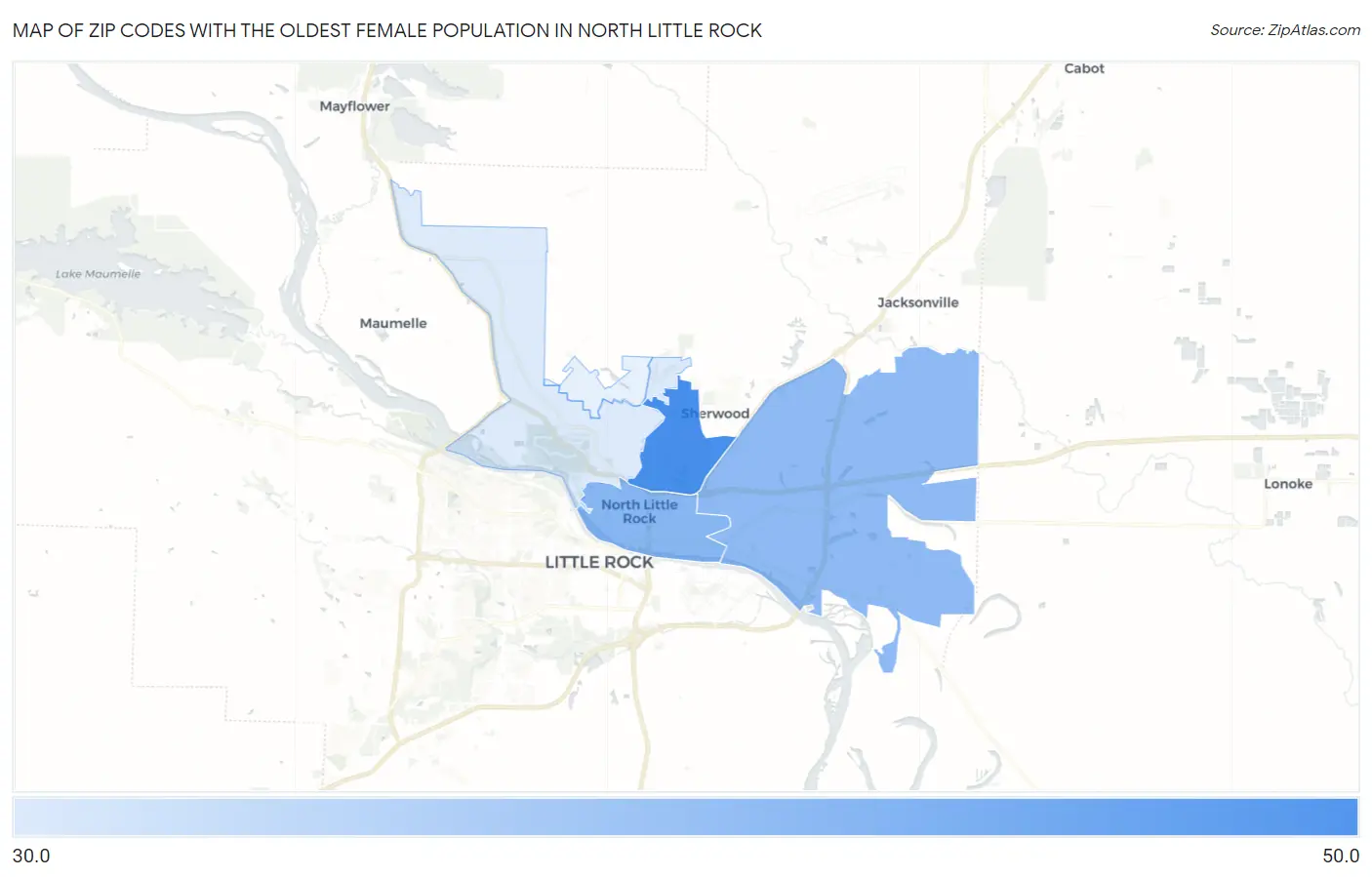Zip Codes with the Oldest Female Population in North Little Rock Map