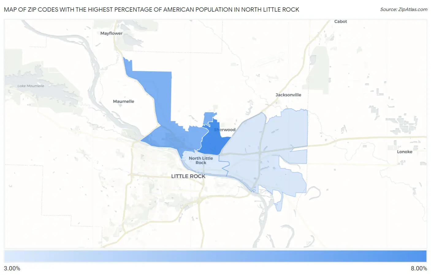 Zip Codes with the Highest Percentage of American Population in North Little Rock Map