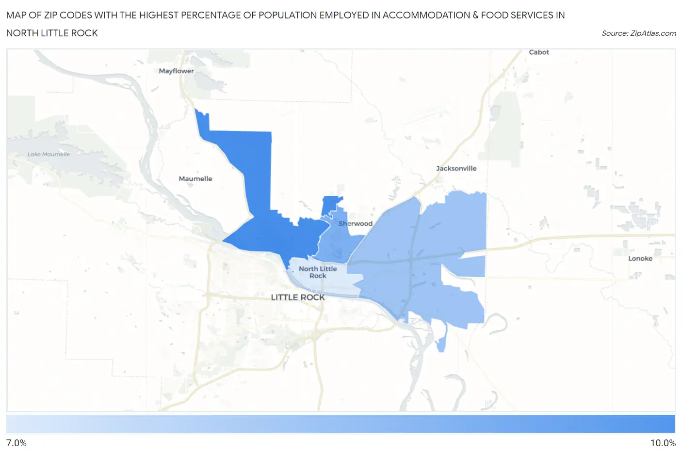 Zip Codes with the Highest Percentage of Population Employed in Accommodation & Food Services in North Little Rock Map