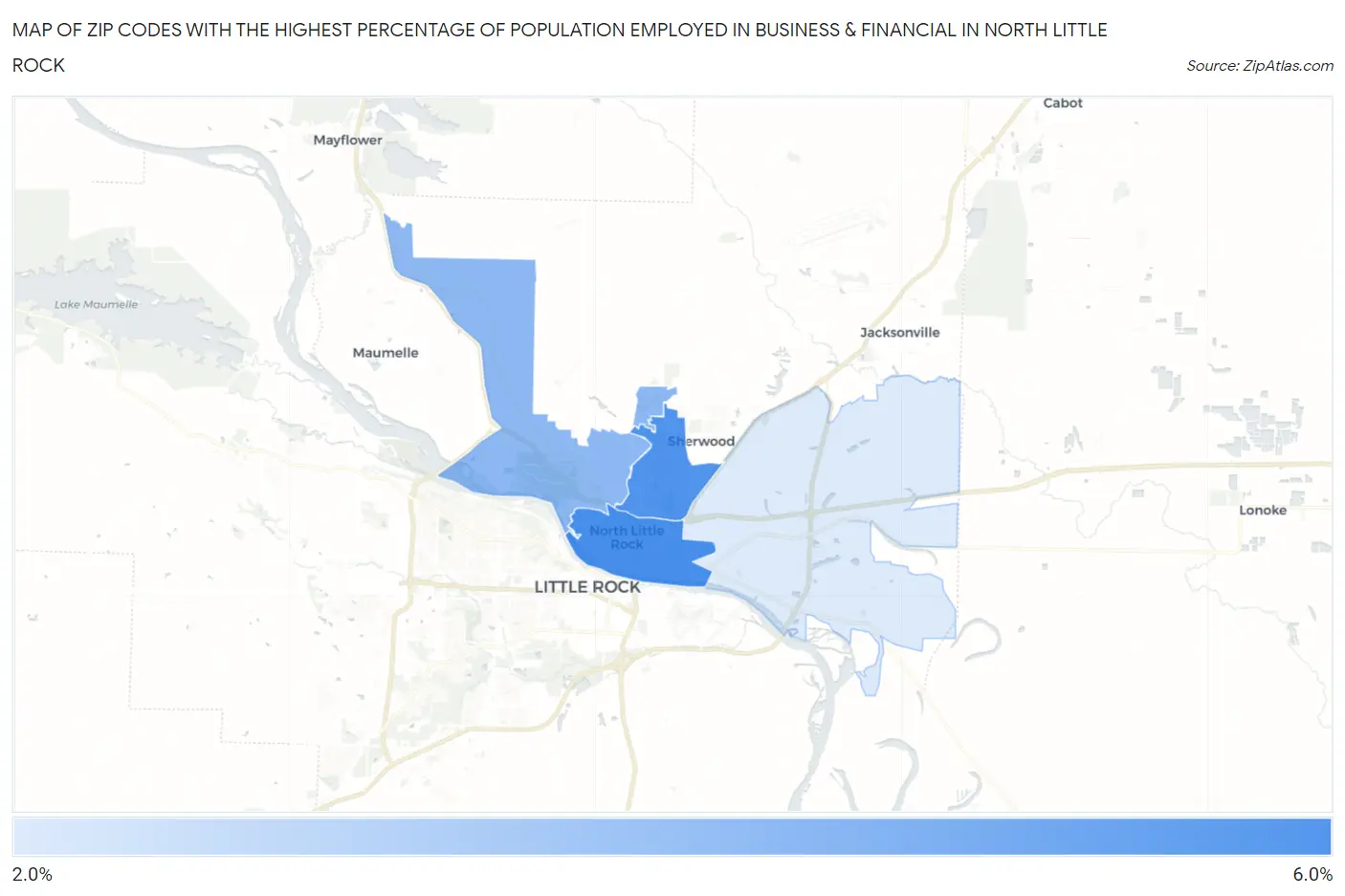 Zip Codes with the Highest Percentage of Population Employed in Business & Financial in North Little Rock Map