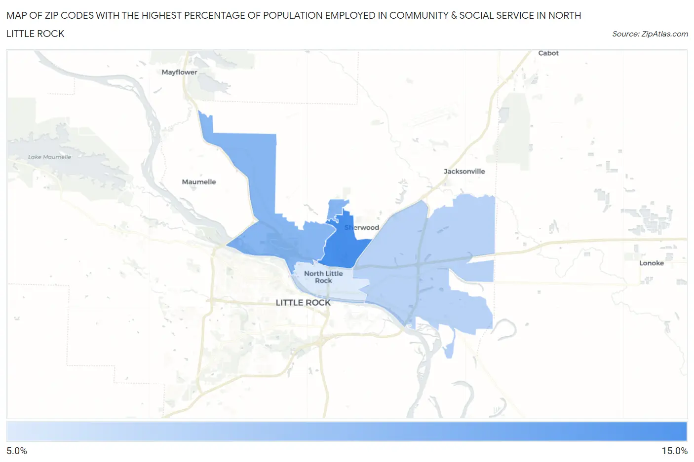 Zip Codes with the Highest Percentage of Population Employed in Community & Social Service  in North Little Rock Map