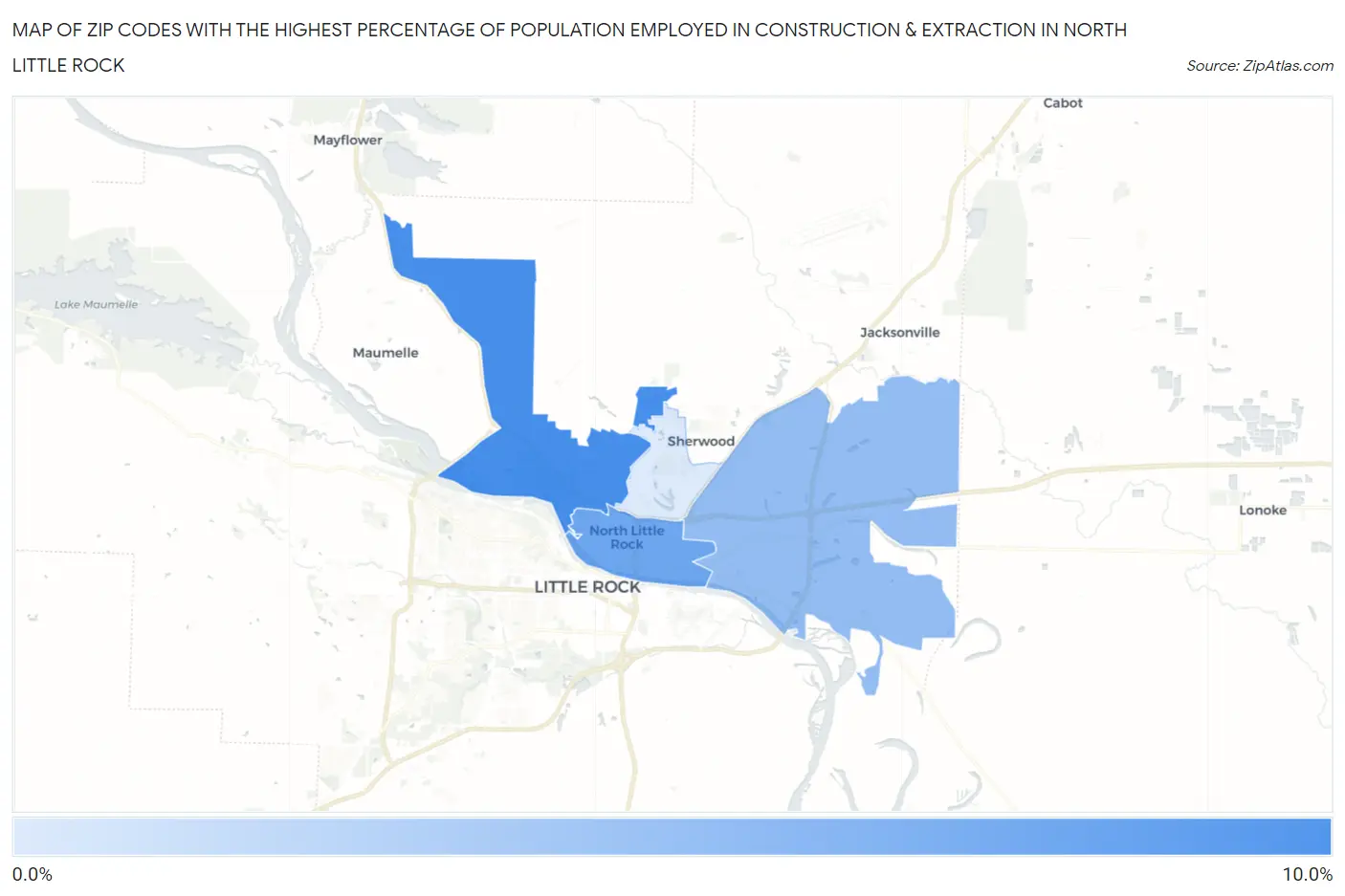 Zip Codes with the Highest Percentage of Population Employed in Construction & Extraction in North Little Rock Map