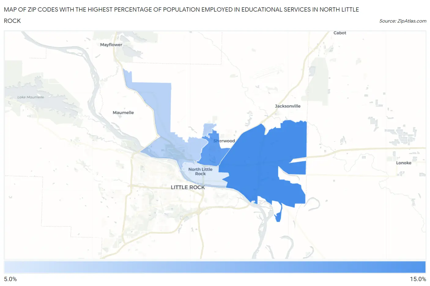 Zip Codes with the Highest Percentage of Population Employed in Educational Services in North Little Rock Map