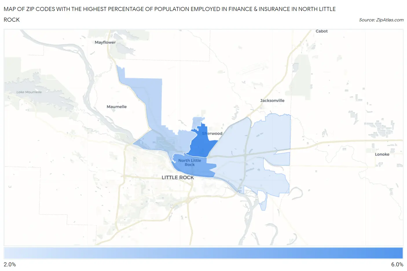 Zip Codes with the Highest Percentage of Population Employed in Finance & Insurance in North Little Rock Map