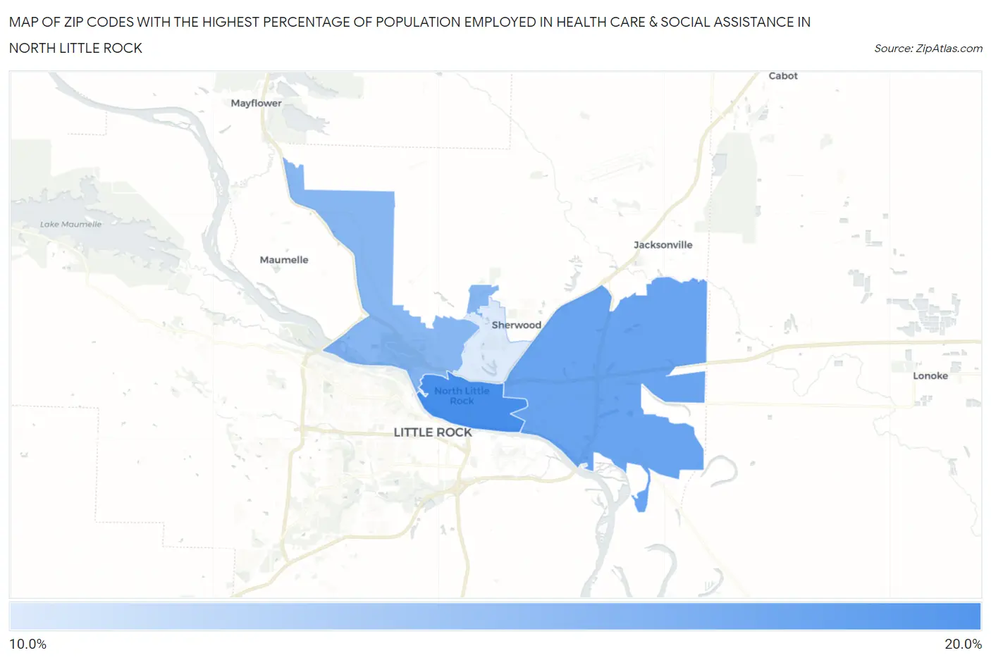 Zip Codes with the Highest Percentage of Population Employed in Health Care & Social Assistance in North Little Rock Map