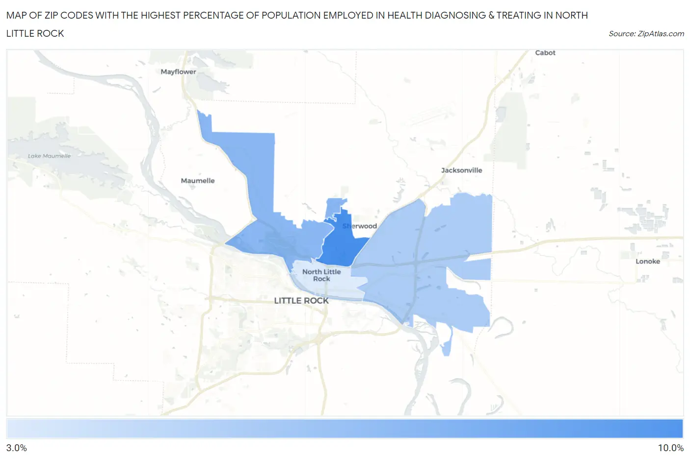 Zip Codes with the Highest Percentage of Population Employed in Health Diagnosing & Treating in North Little Rock Map
