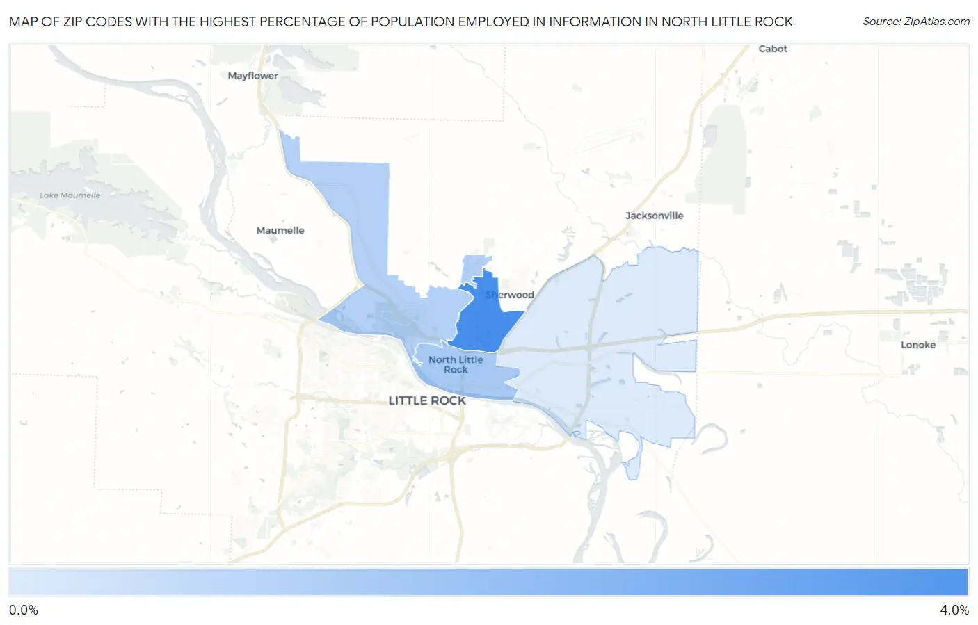 Zip Codes with the Highest Percentage of Population Employed in Information in North Little Rock Map