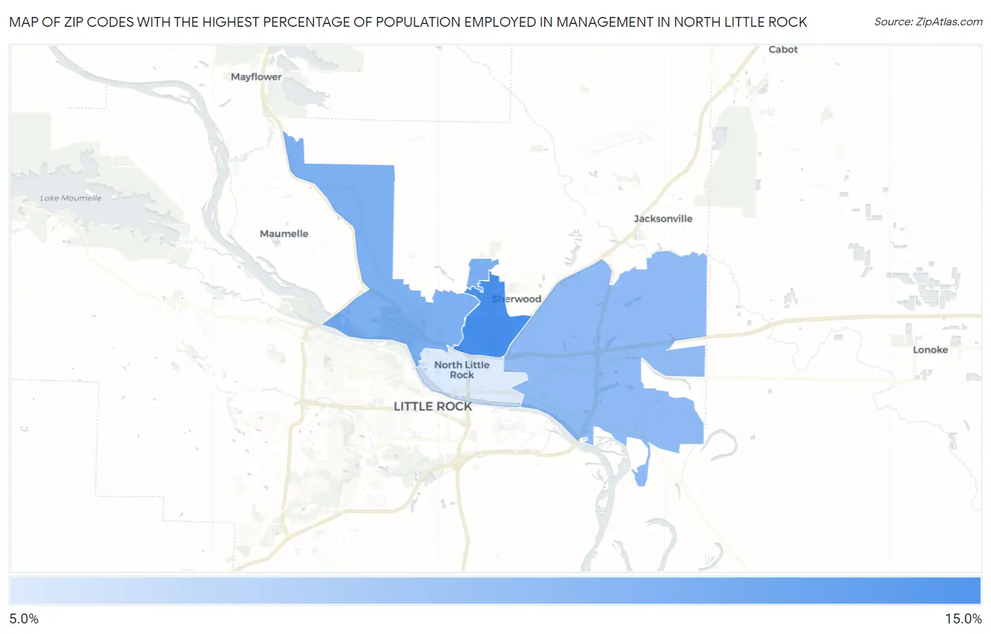Zip Codes with the Highest Percentage of Population Employed in Management in North Little Rock Map