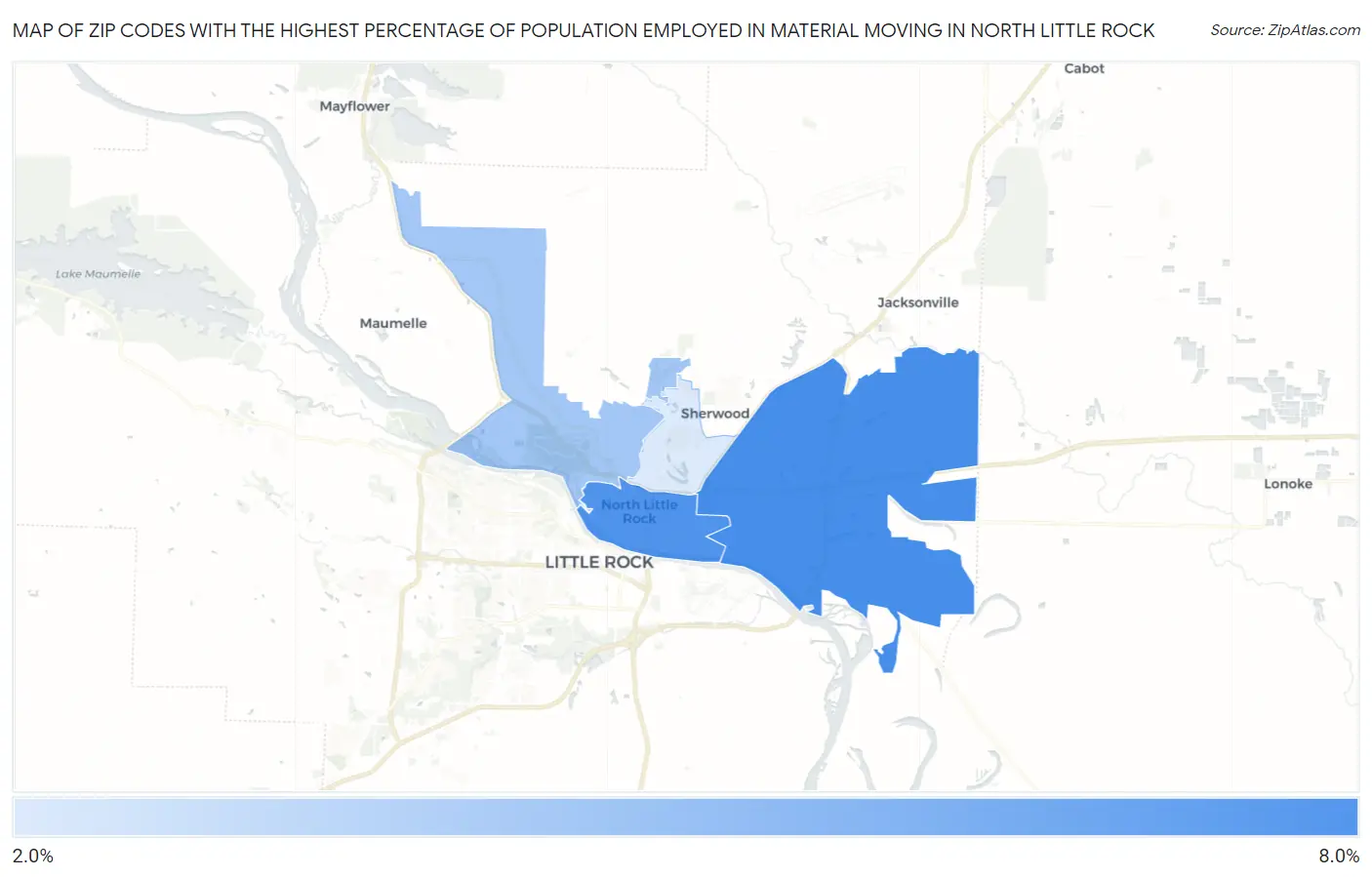 Zip Codes with the Highest Percentage of Population Employed in Material Moving in North Little Rock Map