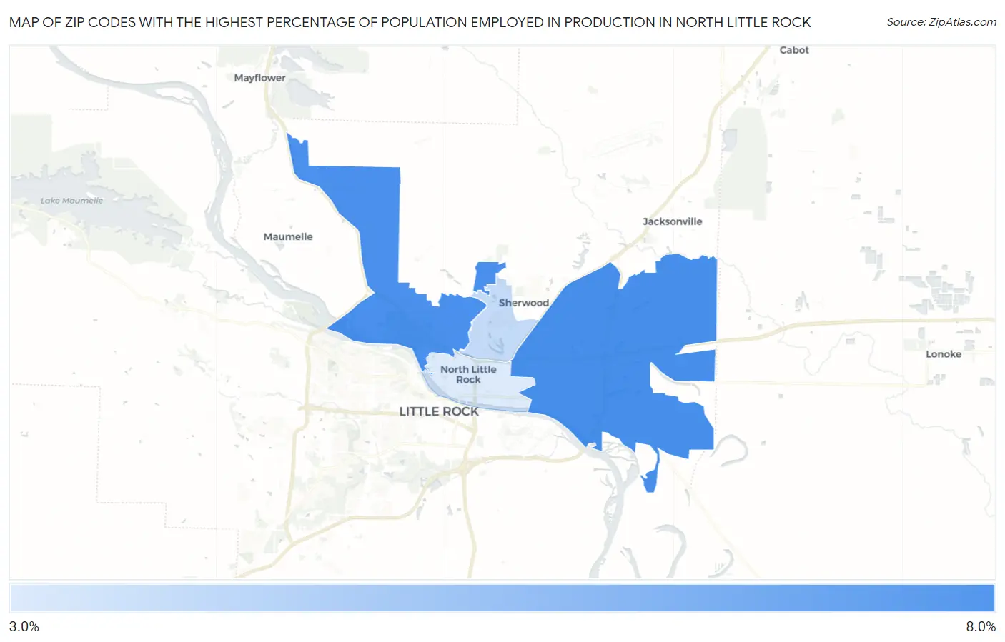 Zip Codes with the Highest Percentage of Population Employed in Production in North Little Rock Map