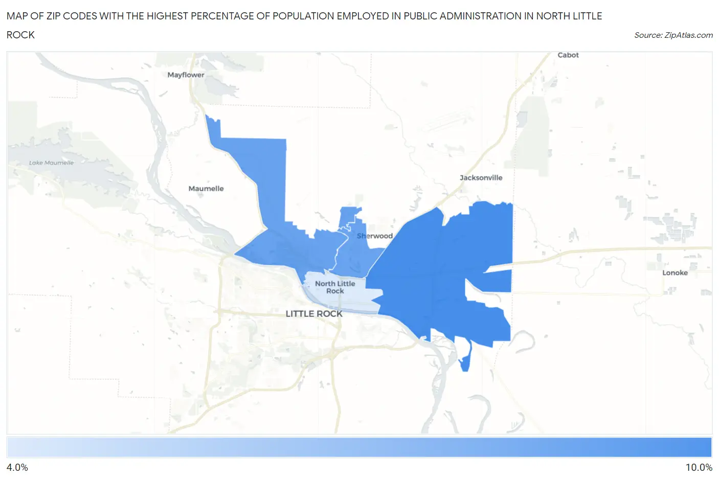Zip Codes with the Highest Percentage of Population Employed in Public Administration in North Little Rock Map
