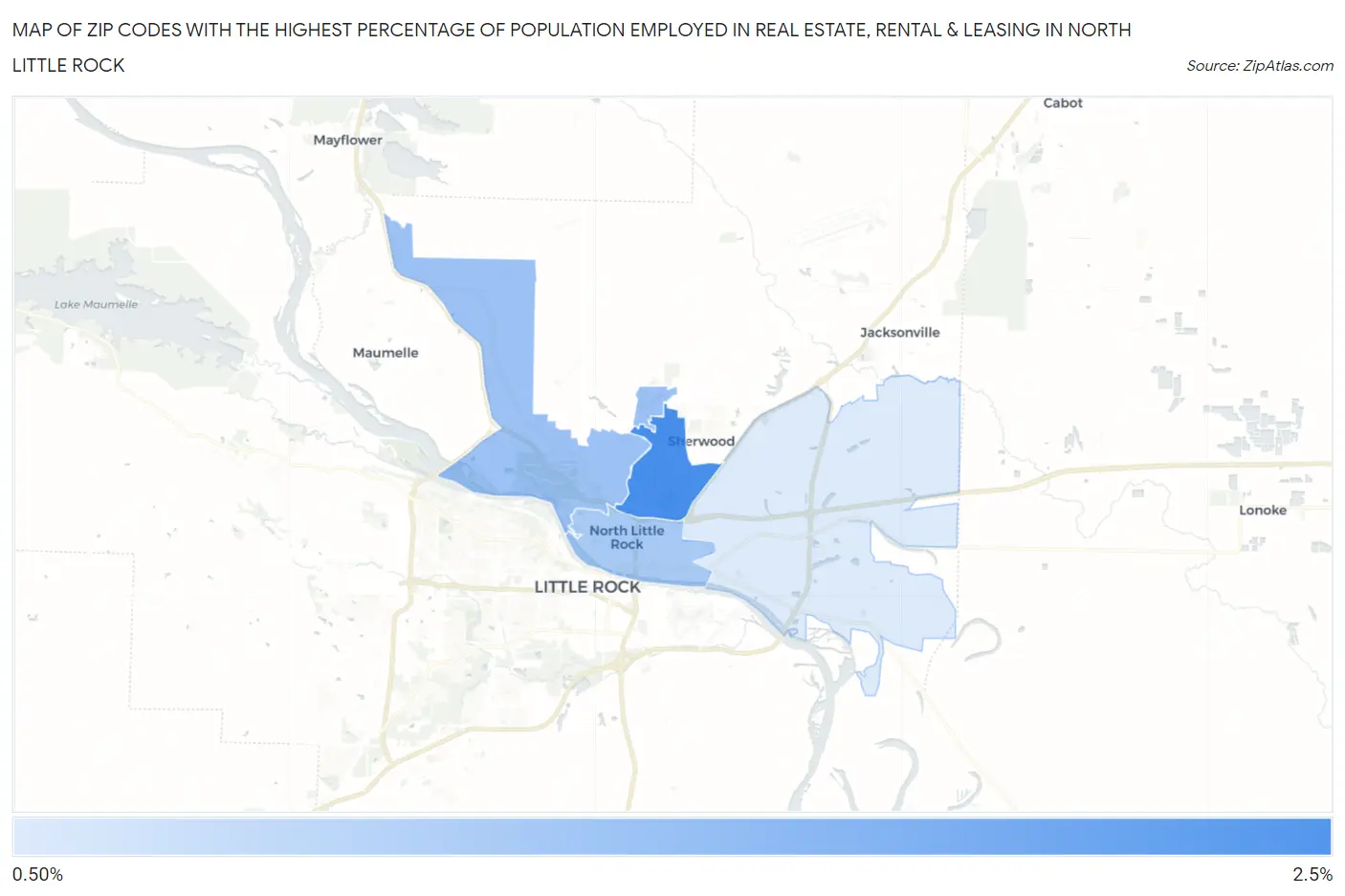 Zip Codes with the Highest Percentage of Population Employed in Real Estate, Rental & Leasing in North Little Rock Map