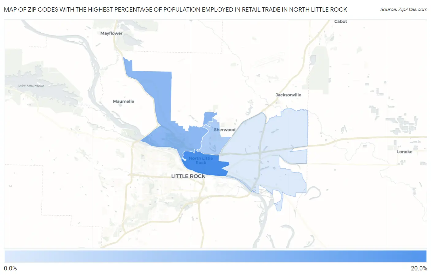 Zip Codes with the Highest Percentage of Population Employed in Retail Trade in North Little Rock Map