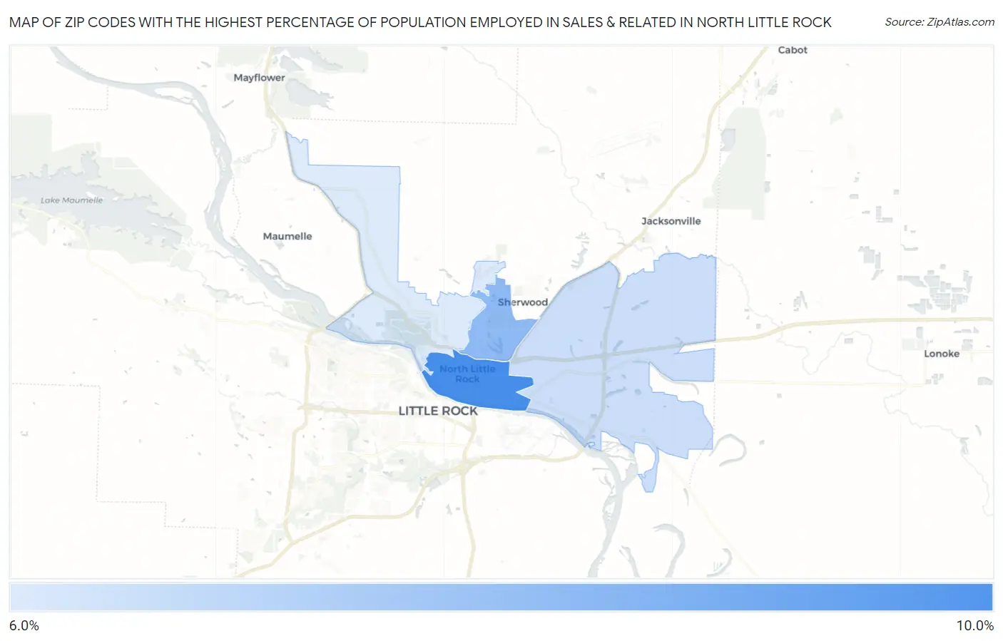 Zip Codes with the Highest Percentage of Population Employed in Sales & Related in North Little Rock Map