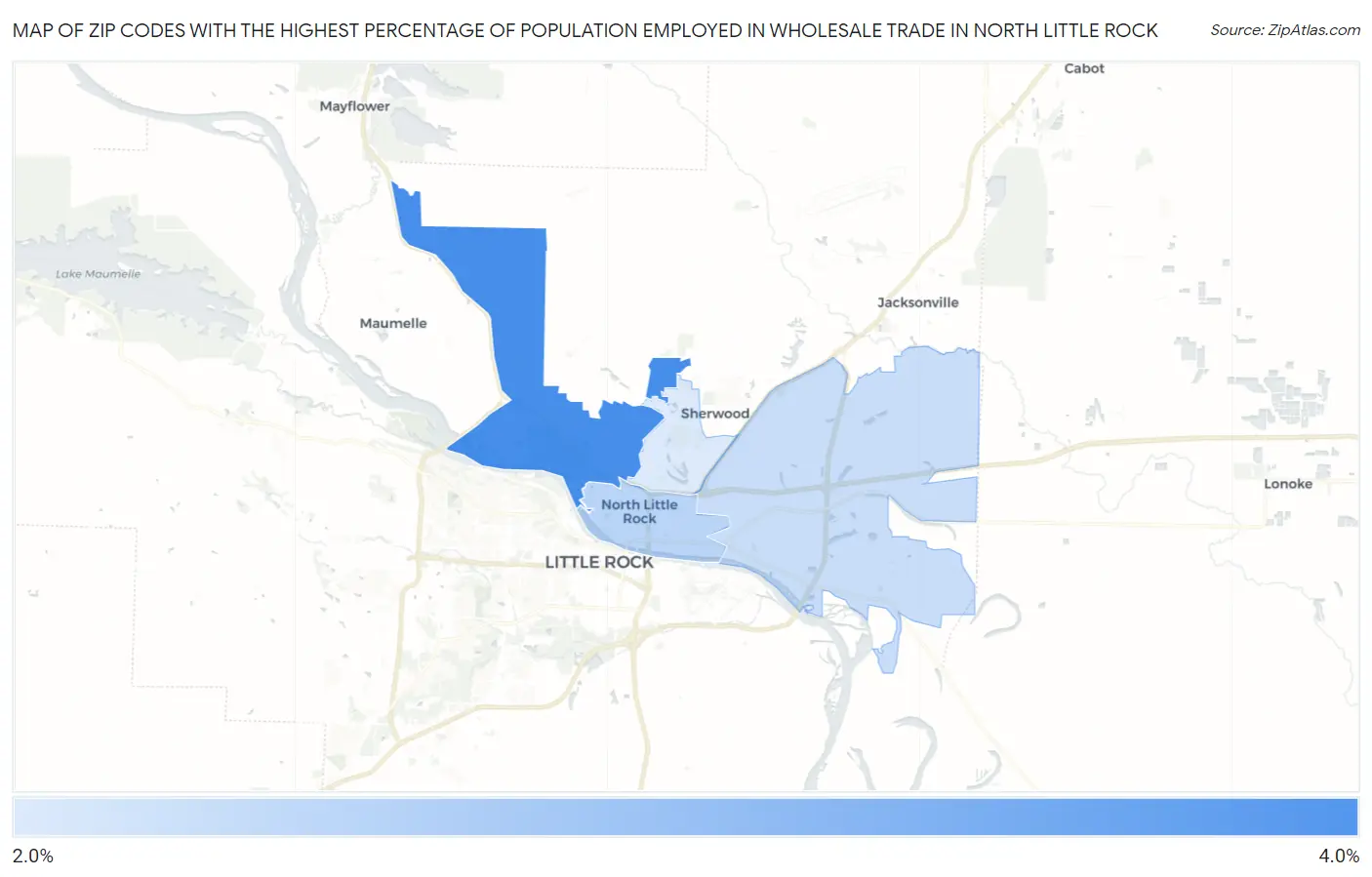 Zip Codes with the Highest Percentage of Population Employed in Wholesale Trade in North Little Rock Map