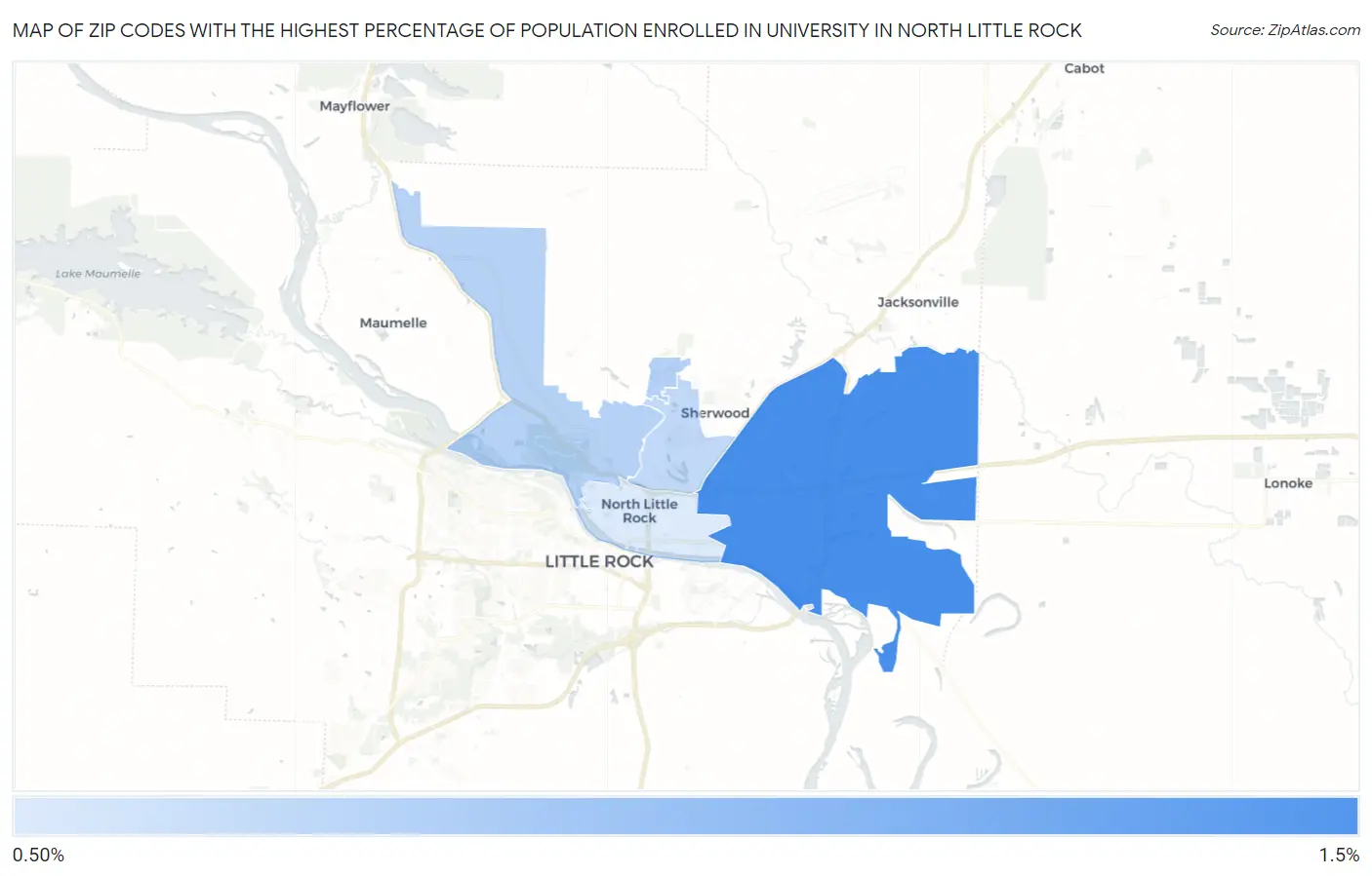 Zip Codes with the Highest Percentage of Population Enrolled in University in North Little Rock Map