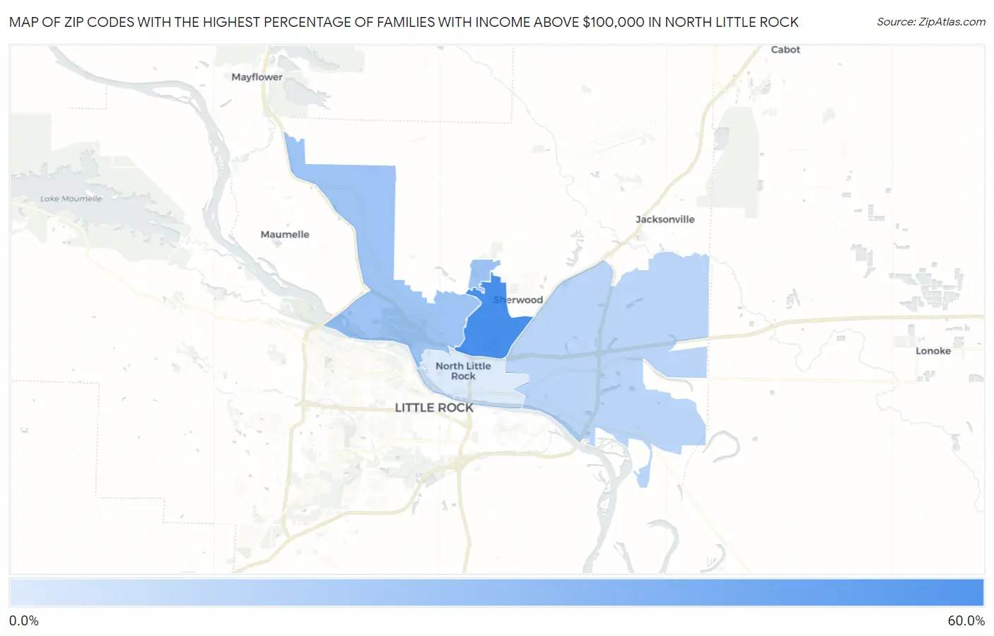 Zip Codes with the Highest Percentage of Families with Income Above $100,000 in North Little Rock Map