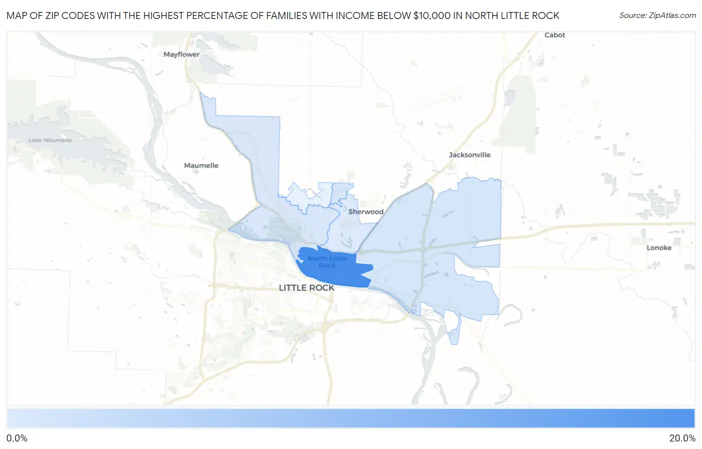 Zip Codes with the Highest Percentage of Families with Income Below $10,000 in North Little Rock Map