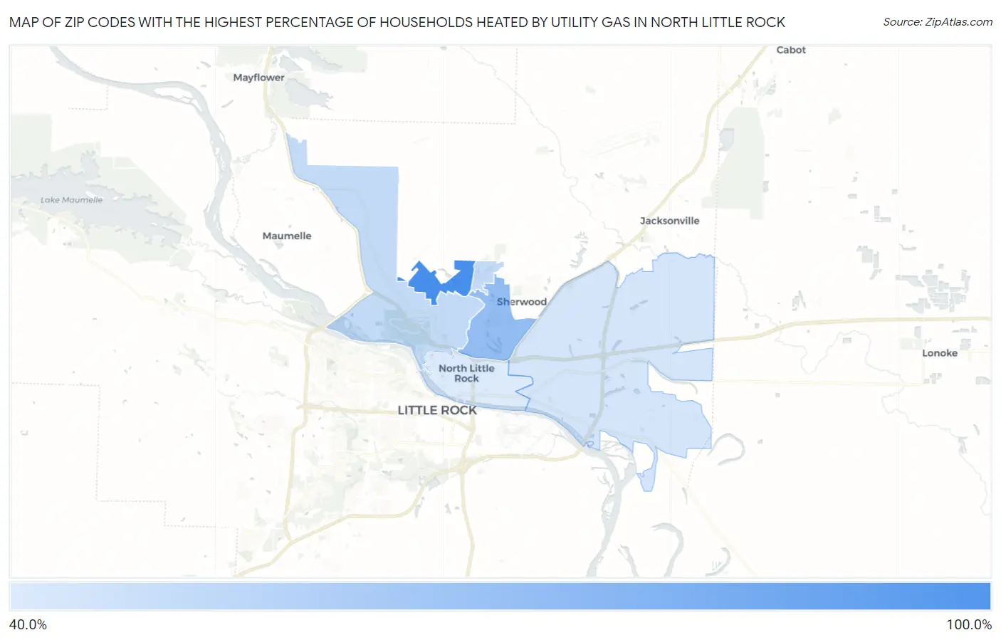 Zip Codes with the Highest Percentage of Households Heated by Utility Gas in North Little Rock Map