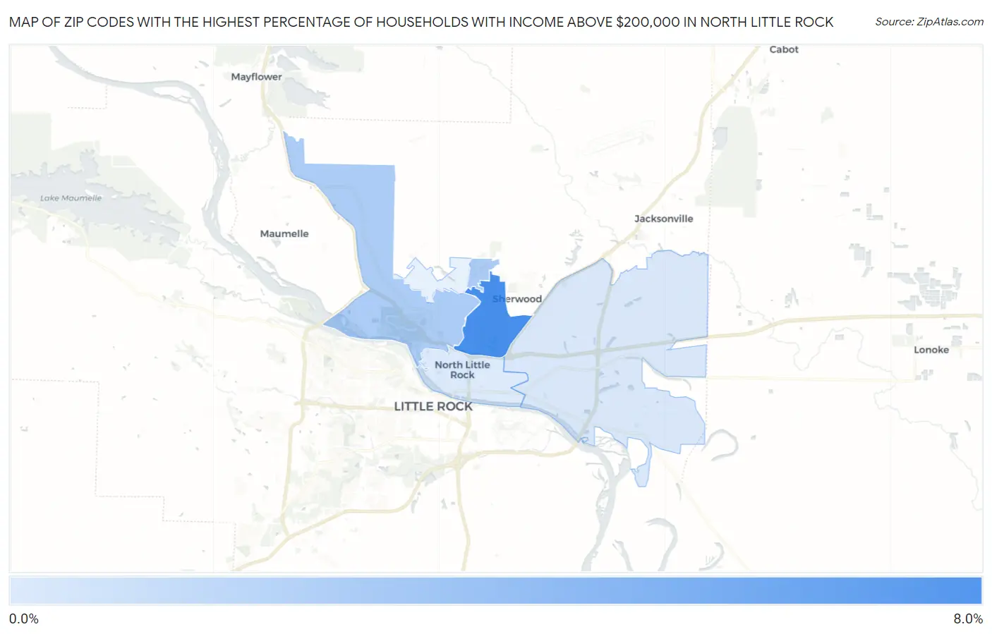 Zip Codes with the Highest Percentage of Households with Income Above $200,000 in North Little Rock Map