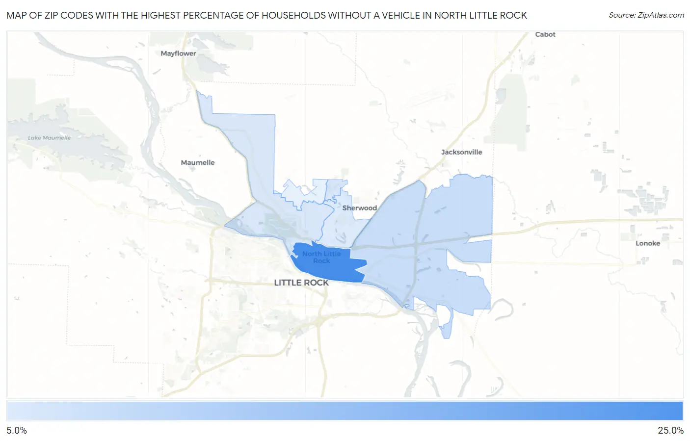 Zip Codes with the Highest Percentage of Households Without a Vehicle in North Little Rock Map