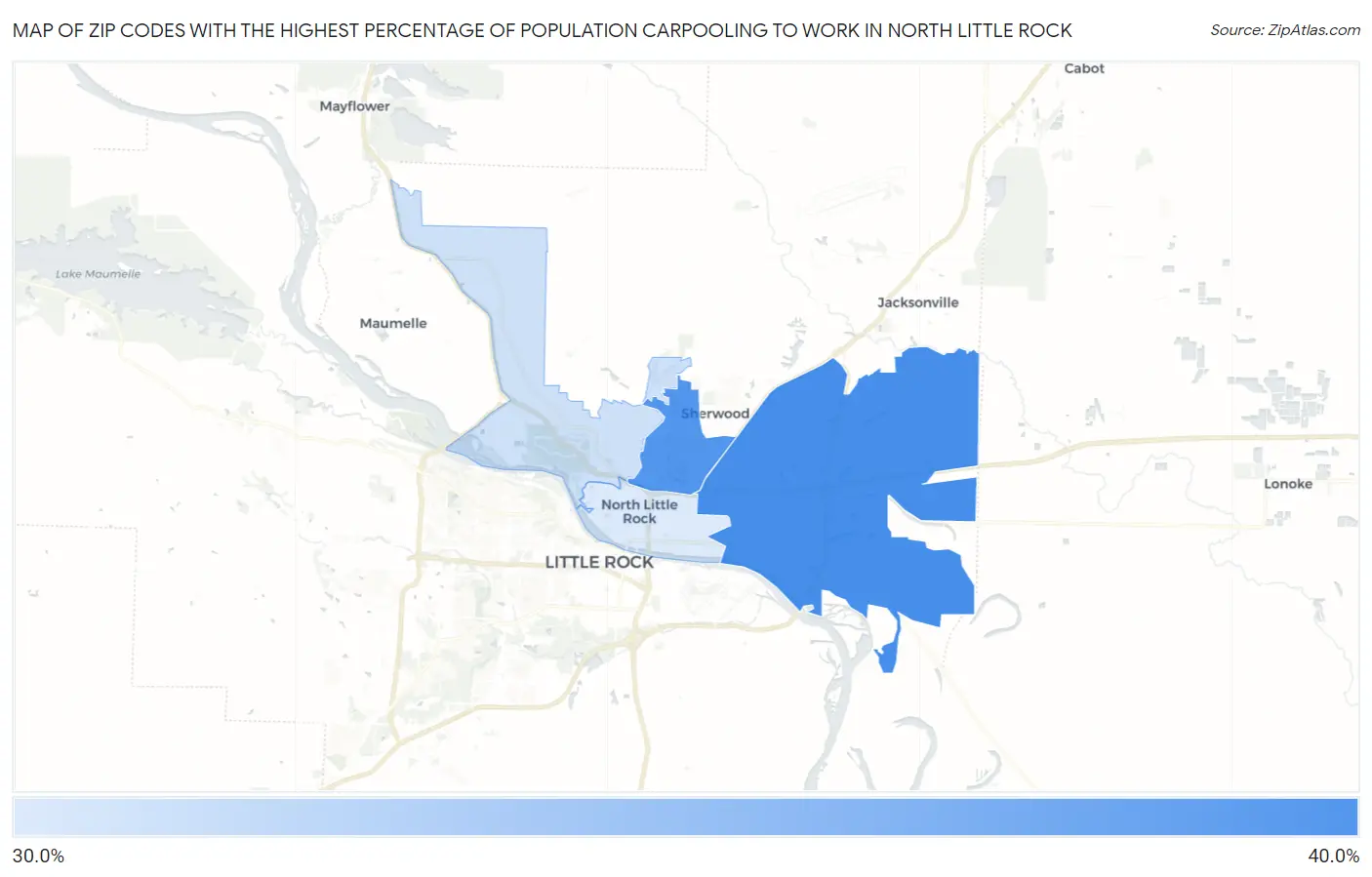 Zip Codes with the Highest Percentage of Population Carpooling to Work in North Little Rock Map